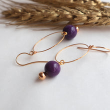 Load image into Gallery viewer, Large gold hoop purple gemstone earrings
