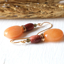 Load image into Gallery viewer, Peach aventurine gemstone gold earrings
