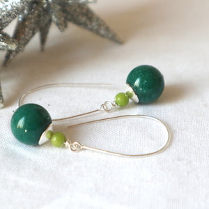 Deep Green Duo Gemstone Silver Earrings