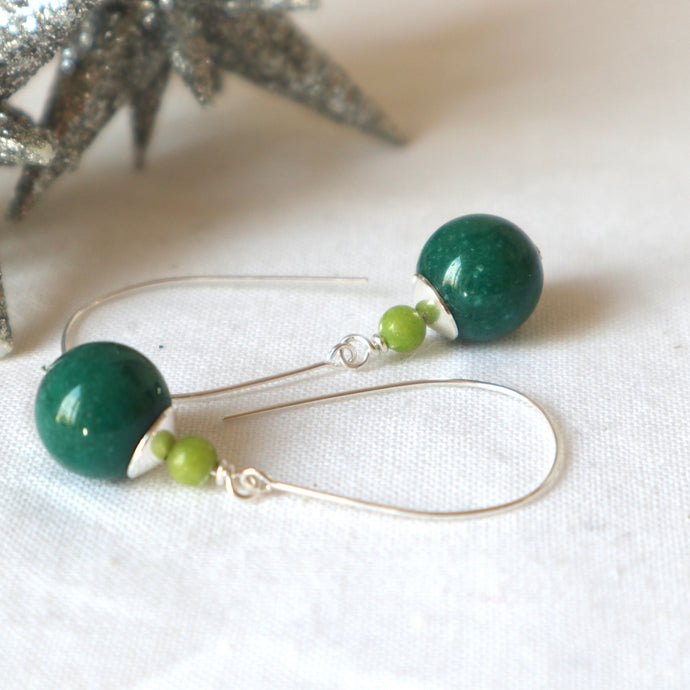 Deep Green Duo Gemstone Silver Earrings