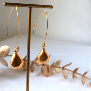 Handmade brushed gold tear, drop earrings