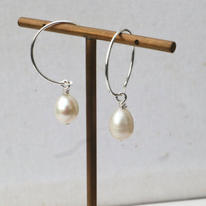 Silver Hoop Pearl Earrings