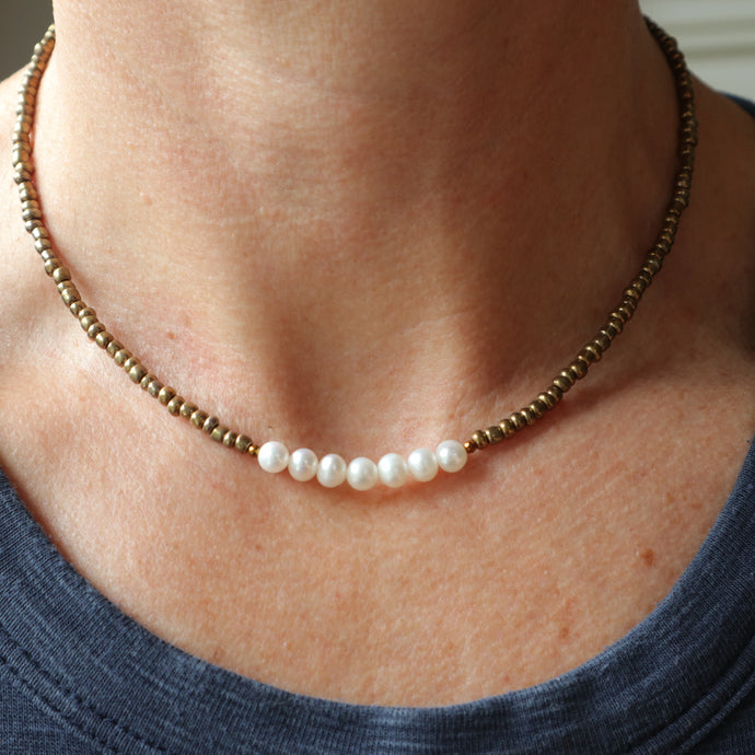 Freshwater Pearl Bronze seed Bead Necklace