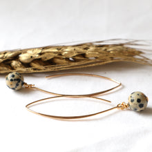 Load image into Gallery viewer, Gold hoop earrings with dalmatian jasper beads on a white background