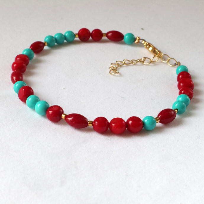 Handmade turquoise and red coral bracelet
