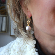 Load image into Gallery viewer, Large pearl earrings handmade with gold hoops