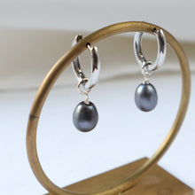 Load image into Gallery viewer, Silver Huggie Grey Pearl Earrings
