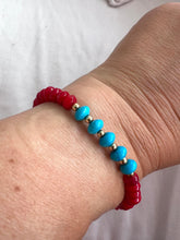 Load image into Gallery viewer, Red coral bracelet with gold and blue quartz 