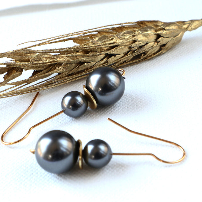 Grey Gold Double Pearl Earrings