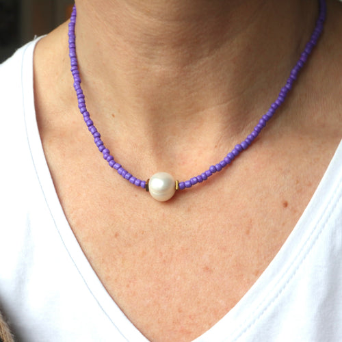 Purple seed bead and freshwater pearl necklace