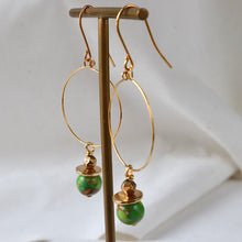 Load image into Gallery viewer, Mosaic Green gemstone on a gold large hoop earring 