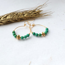 Load image into Gallery viewer, green gemstone hoop earrings handmade in ireland