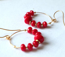 Load image into Gallery viewer, Handmade Irish red Coral earrings on a gold hoop