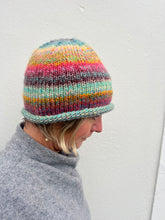 Load image into Gallery viewer, model wearing hand knit stripe beanie hat