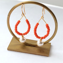 Load image into Gallery viewer, Pearl Earrings with Orange Beads