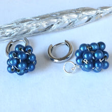 Load image into Gallery viewer, Silver hoop huggie earrings with blue beads