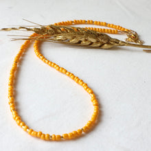 Load image into Gallery viewer, Yellow beaded necklace with a gold leaf on a white background