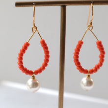 Load image into Gallery viewer, Pearl Earrings with Orange Beads