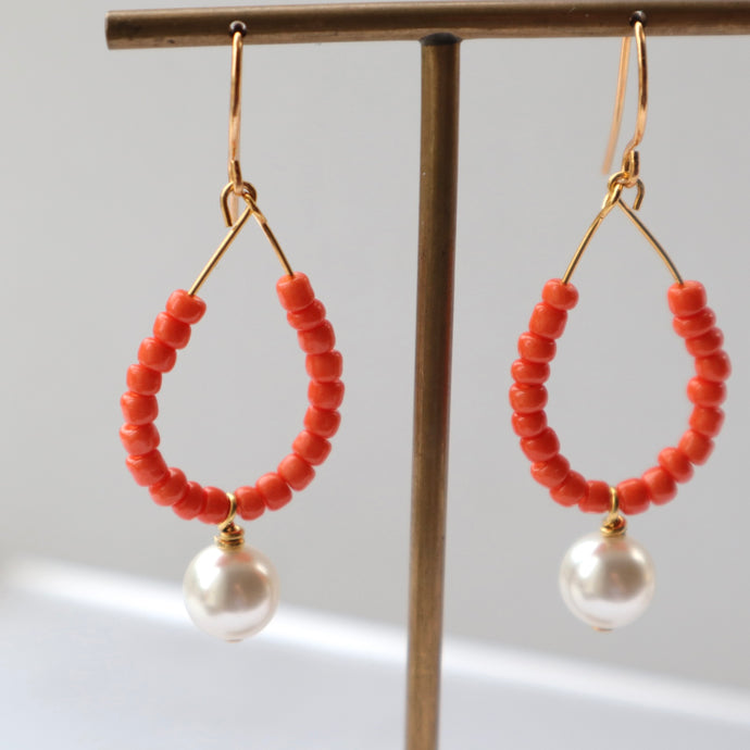 Pearl Earrings with Orange Beads