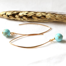 Load image into Gallery viewer, Gold earrings with turquoise beads on a white background