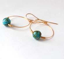 Load image into Gallery viewer, A pair of gold hoop earrings with turquoise mosaic gemstones attached, displayed against a white background.