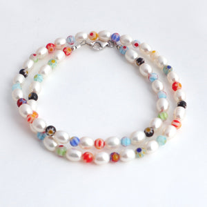 pearl millefiori sterling silver handmade necklace