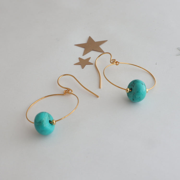 turquoise barrel gold hoop handmade earrings