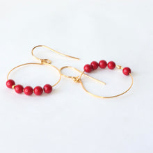 Load image into Gallery viewer, Red Coral Gold Hoop Earrings