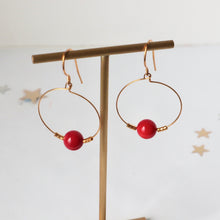 Load image into Gallery viewer, red coral gold hoops made in ireland