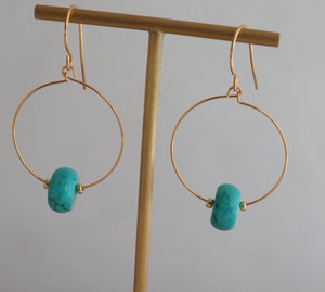 turquoise barrel gold hoop handmade earrings