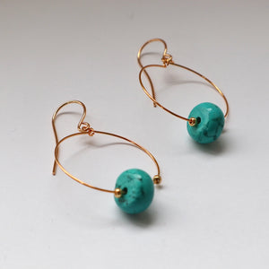 turquoise barrel gold hoop handmade earrings